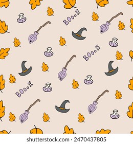 seamless Halloween pattern with broom, hat and leaves on a light background, vector.	