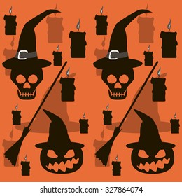 Seamless Halloween pattern of broomsticks, burning candles, skulls and wickedly grinning evil pumpkins in witch hats. Eerie background in black, white, gray and orange colors. Vector illustration
