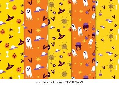 Diseño de paquete de patrones de Halloween sin inconvenientes con fondo amarillo y naranja. Scary Halloween - colección de patrones para portada de libros y fondo de pantalla. Decoración abstracta de patrones con fantasmas y brujería.