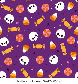 Seamless halloween pattern with candies and skulls on purple background. Vector graphics.