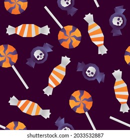 Seamless Halloween pattern with candies, sweets and lollipops. Perfect for web background or wrapping paper.