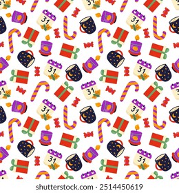 Seamless Halloween pattern with candle, calendar sheet, gift box, lollipop, candy and mug. Halloween theme. Colorful cute hand drawn  seamless pattern 