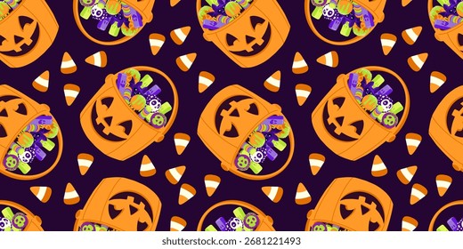 Patrón de Halloween sin fisuras con cubos de caramelo sobre fondo oscuro