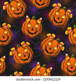 Seamless halloween pattern with candy corn, pumpkin head stylized as smiling mischievous freckled kids face, round halftone shapes, silhouette of spider web behind.