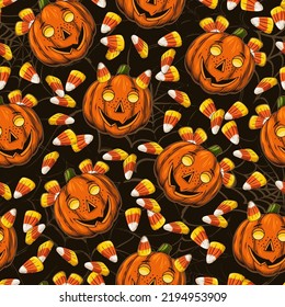 Seamless halloween pattern with candy corn, pumpkin head stylized as smiling mischievous freckled kids face, silhouette of spider web behind. Good for Candy Corn National Day.