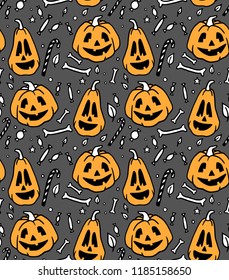 Seamless Halloween pattern for card, banner, poster templates. Hand drawn traditional symbols pumpkins, bones, candies