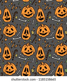 Seamless Halloween pattern for card, banner, poster templates. Hand drawn traditional symbols pumpkins, bones, candies