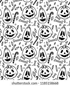 Seamless Halloween pattern for card, banner, poster templates. Hand drawn traditional symbols pumpkins, bones, candies