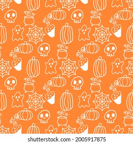 Seamless Halloween pattern for card, banner, poster templates. Hand drawn traditional symbols, cute design elements, handwritten ink lettering. Made in the technique of hand drawing. Children's style.