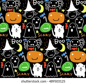 Seamless Halloween pattern for card, banner, poster templates. Hand drawn traditional symbols, cute design elements, handwritten ink lettering. Made in the technique of hand drawing. Children's style.
