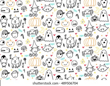 Seamless Halloween pattern for card, banner, poster templates. Hand drawn traditional symbols, cute design elements, handwritten ink lettering. Made in the technique of hand drawing. Children's style.