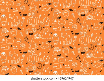 Seamless Halloween pattern for card, banner, poster templates. Hand drawn traditional symbols, cute design elements, handwritten ink lettering. Made in the technique of hand drawing. Children's style.