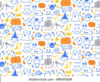 Seamless Halloween pattern for card, banner, poster templates. Hand drawn traditional symbols, cute design elements.Children's style.
