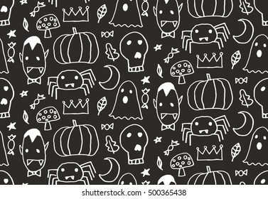 Seamless Halloween pattern for card, banner, poster templates. Hand drawn traditional symbols, cute design elements, handwritten ink lettering. Made in the technique of hand drawing. Children's style.