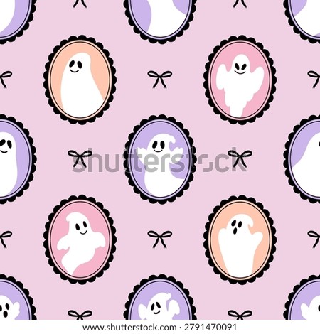 Seamless Halloween pattern with cartoon ghosts in frames and black bows. 