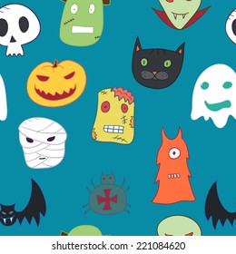  Seamless halloween pattern. Cartoon monster head.