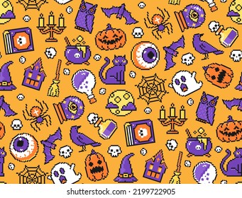 Seamless Halloween pattern with cartoon pumpkin, ghost, witch's cauldron, potion, moon, owl, spider, bat, skull, web in pixel art design. Mystical holiday vector background.