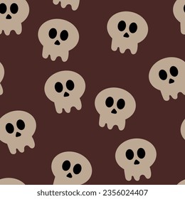 Seamless Halloween pattern with cartoon skull and halloween elements. Chocolate background, cute Halloween wallpaper for holiday themes, gift wrapping paper