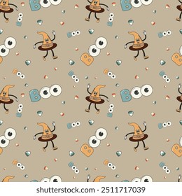 Seamless Halloween pattern with cartoon wizards, "Boo" text, eyeballs, and candy on a beige background