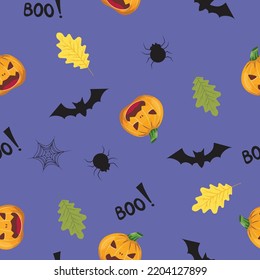 Patrón de halloween sin foco con calabaza tallada, araña, murciélagos y hojas de roble sobre fondo morado.