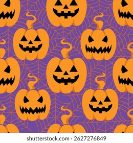 Seamless Halloween pattern with carved pumpkins and spider webs on a vibrant purple background. Great for party decor, seasonal packaging, and digital papers.