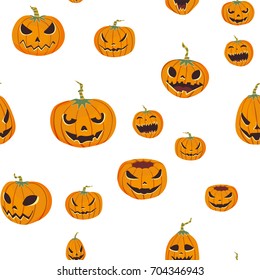 Seamless halloween pattern with carved pumpkinst. Jack-o-lantern. Vector illustration, isolated on white background. Fabric print design.