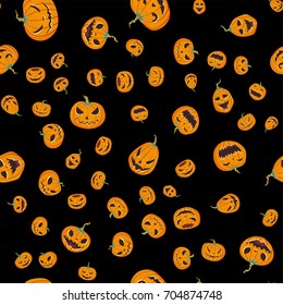 Seamless halloween pattern with carved pumpkinst. Jack-o-lantern. Vector illustration, isolated on black background. Fabric print design.