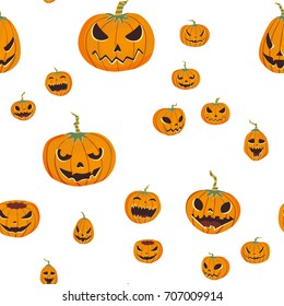 Seamless halloween pattern with carved pumpkinst. Jack-o-lantern. Vector illustration, isolated on white background. Fabric print design.
