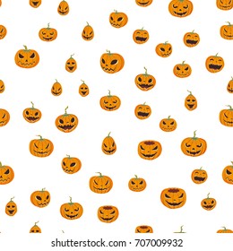 Seamless halloween pattern with carved pumpkinst. Jack-o-lantern. Vector illustration, isolated on white background. Fabric print design.