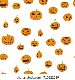 Seamless halloween pattern with carved pumpkinst. Jack-o-lantern. Vector illustration, isolated on white background. Fabric print design.