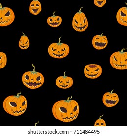 Seamless halloween pattern with carved pumpkinst. Jack-o-lantern. Vector illustration, isolated on black background. Fabric print design.