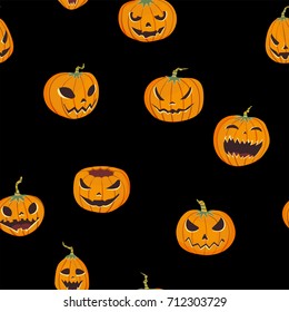 Seamless halloween pattern with carved pumpkinst. Jack-o-lantern. Vector illustration, isolated on black background. Fabric print design.