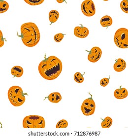 Seamless halloween pattern with carved pumpkinst. Jack-o-lantern. Vector illustration, isolated on white background. Fabric print design.