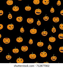 Seamless halloween pattern with carved pumpkinst. Jack-o-lantern. Vector illustration, isolated on black background. Fabric print design.