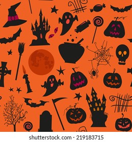 Seamless halloween pattern with , castles, candles, pumpkins, jack o lantern and other simbols. Use for web page backgrounds, postcards, greeting cards, invitations, surface textures.