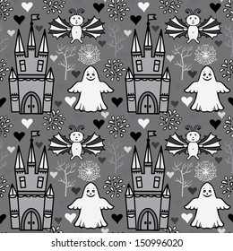 Seamless Halloween pattern with castles and ghosts - vector