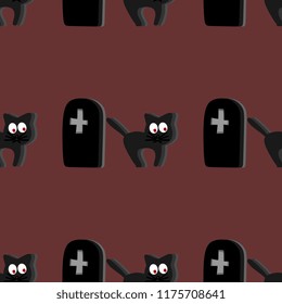 Seamless halloween pattern with cat and cemetery background.