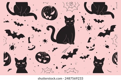 Seamless Halloween pattern with cat, pumpkin, bat