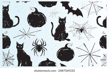 Seamless Halloween pattern with cat, pumpkin, bat