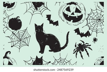 Seamless Halloween pattern with cat, pumpkin, bat