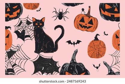 Patrón de Halloween sin costuras con gato, calabaza, murciélago