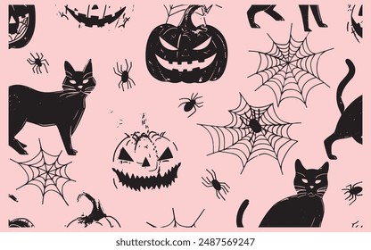 Seamless Halloween pattern with cat, pumpkin, bat