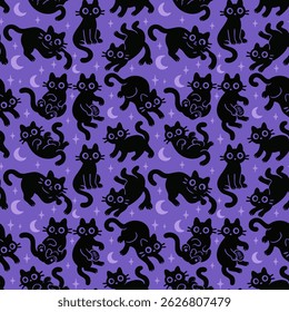 Seamless Halloween Pattern with Cats Animals