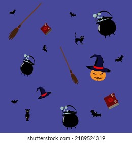Seamless Halloween pattern with cauldron, owl, bats, broom hats, pumpkin, cat and witch book on purple background.