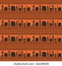 Seamless Halloween pattern of cemetery in black and orange colors. Gloomy eerie background. Vector illustration for various creative projects