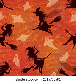 Seamless Halloween Pattern, Character Witch on a Broomstick and Flight Cartoon Ghosts Silhouettes, Tile Holiday Background. Vector
