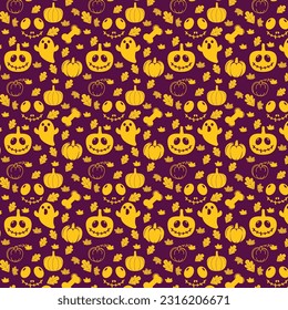 Seamless Halloween pattern, cheerful pumpkins, bone, cute scary ghost, eyes with smile, autumn leaves, decorative holiday pattern