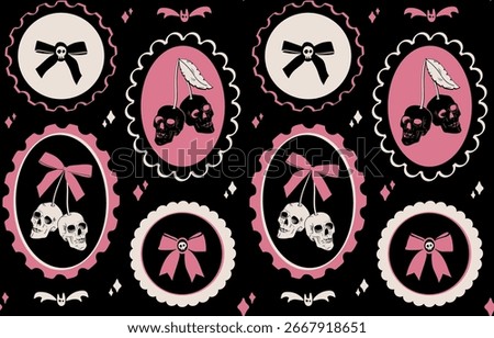 Seamless Halloween pattern with cherry-like skulls tied with bows in oval frames. Hand drawn illustration. Vintage coquette aesthetic, cute spooky design for background, wallpaper, print, fabric.
