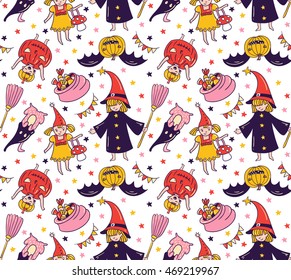 Seamless halloween pattern with children in costumes. Witch and pumpkin background. Trick or treat vector illustration.