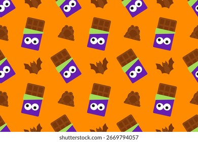 Seamless Halloween pattern with chocolate bars, frogs, and bats on orange background. Ideal for candy packaging, seasonal design, and party use.
